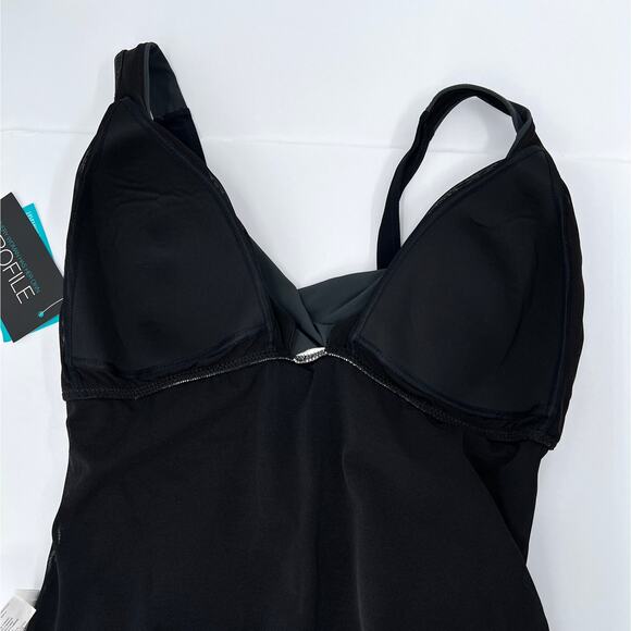 PROFILE BY GOTTEX Lets Twist One Piece Swimsuit Women 16 Black Gray V Neck Tank - Picture 10 of 16